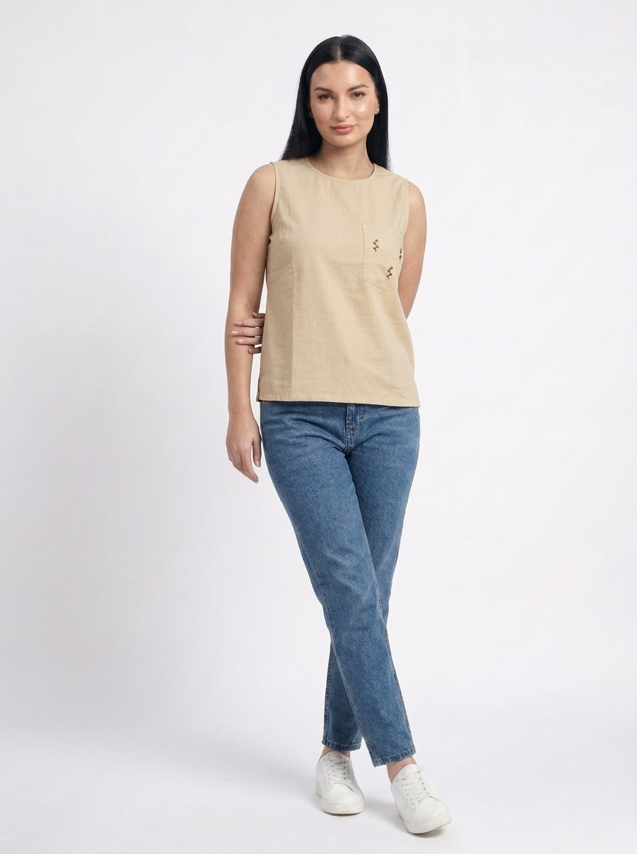Sandstone Beige embroidered pocket Sleeveless Cotton Top.