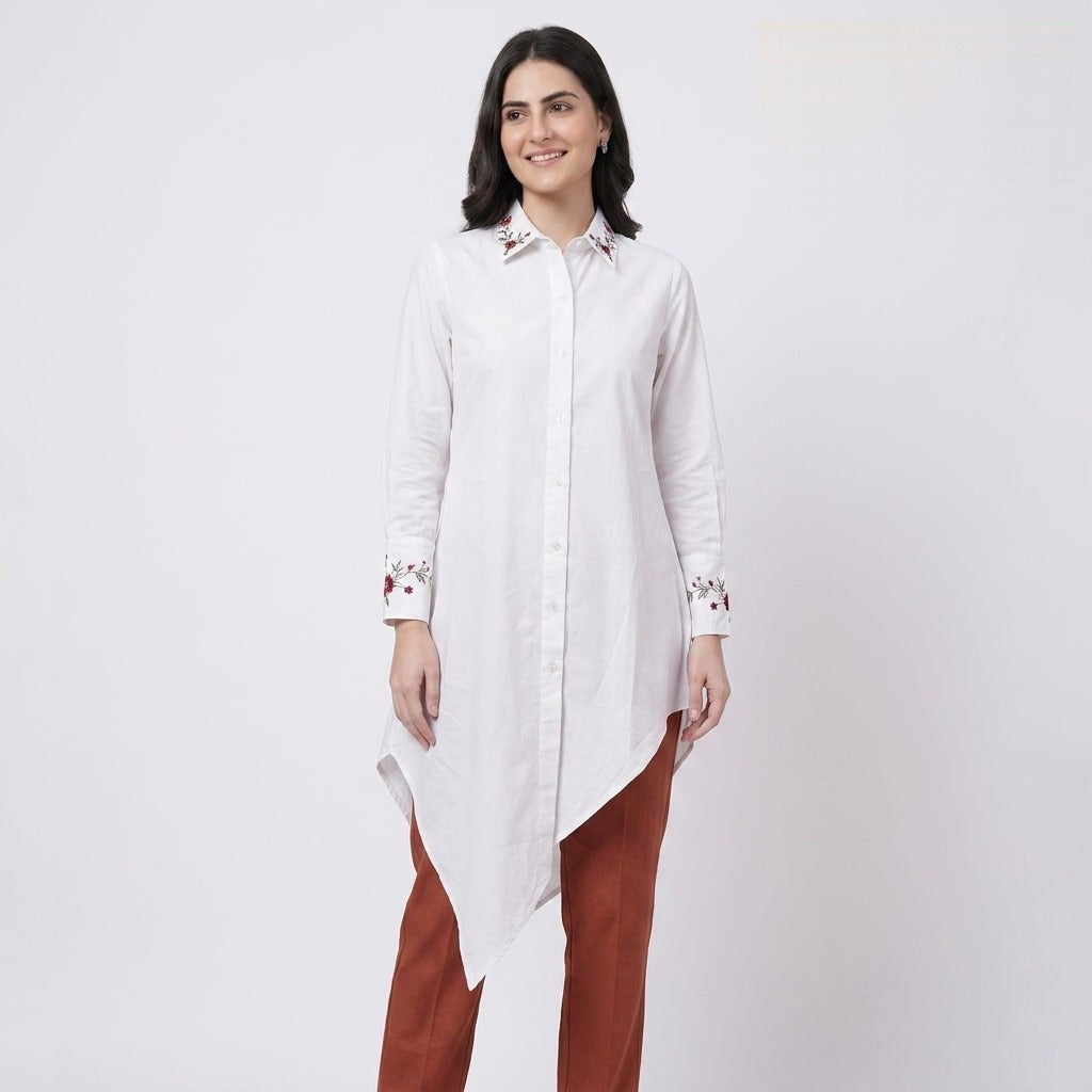 White Floral Embroidered Collar Longline Shirt