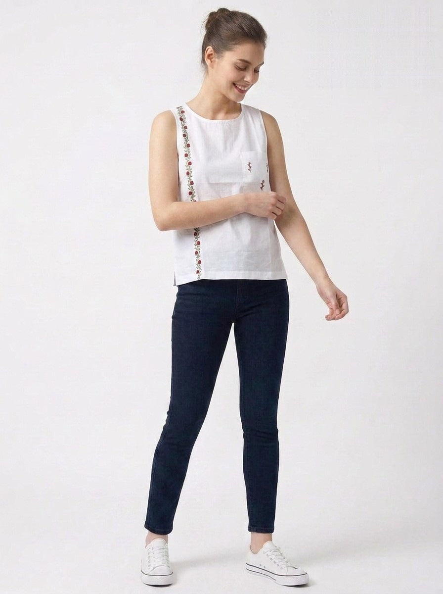 White Vertical Rose Embroidered Sleeveless Top