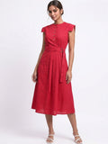 Red Overlap Waist Midi Dress with Button Front